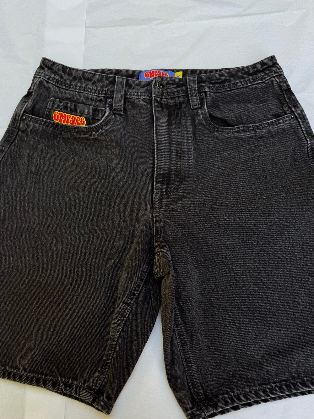 Empyre Black Washed Denim Shorts with Logo Patch